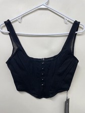 White Fox Womens L Bad Gal Bustier Black Hook Eye Front Mesh Crop Top WFTOP77