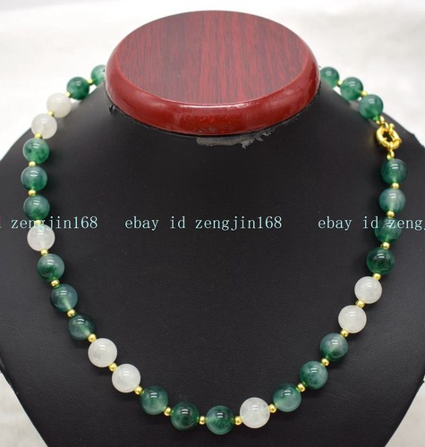 Encantador collar de cuentas redondas de piedras preciosas de jade blanco jade verde manchado de 8/10 mm 18"" - Imagen 6 de 12