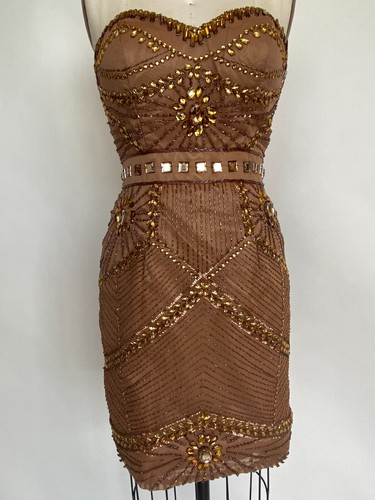 Brown Dress Size 6 Gold Beaded Sweetheart Short Cocktail Party Sz 6 - Picture 2 of 6