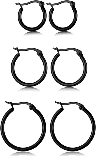 3 Pairs Stainless Steel Hoop Earrings Set for Women Mens Black Silver Gold Small