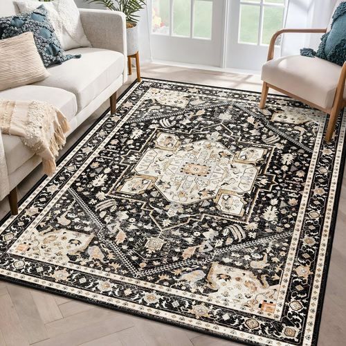 MUJOO Black Area Rugs 5X7,Washable Rugs for Living Room Bedroom Bedside,Large.