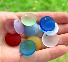 PICK COLOR 6pc 17mm small concaved coin sea glass pendant bead frosted recycled