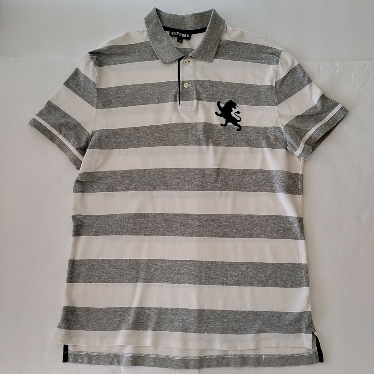 Express Polo Shirt Men's XL Gray Striped Pique Large Lion Short