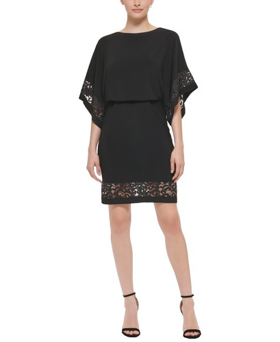 Jessica Howard Dress Womens 10 Black Lace Overlay Shift 3/4 Sleeve Mini  Stretch | eBay