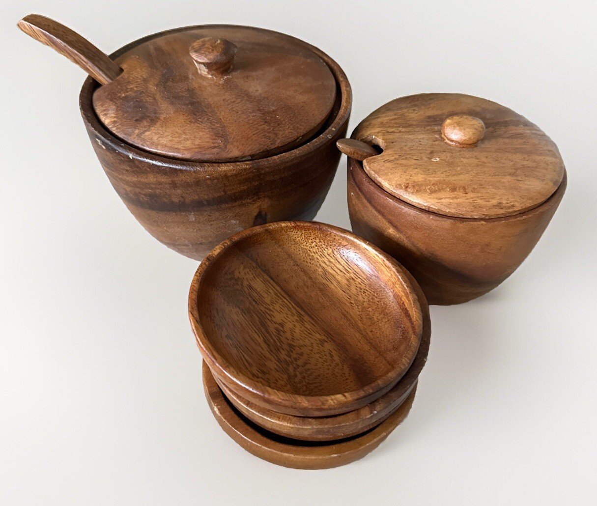 VTG Two 3 Pc Wooden Salt / Seasonings Cellars w/ Lids & Spoons & 4 Dipping Bowls