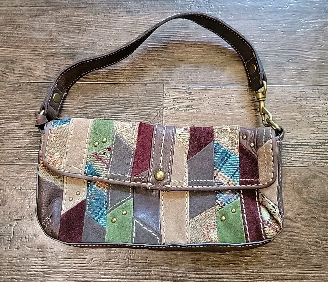FOSSIL Suede Leather Patchwork Hobo Shoulder Bag Purse Brown Key 