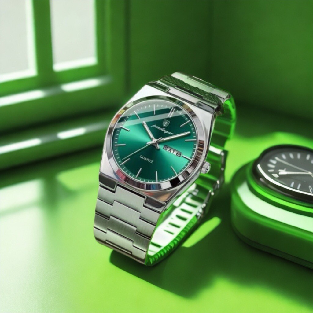 Montre homme luxe suisse - Cadran vert et acier inoxydable étanche avec date