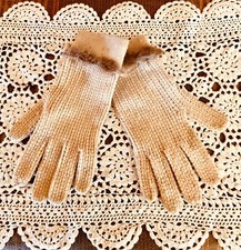Vintage Cream Crocheted Knit Gloves With Fur On Cuff Ladies Medium
