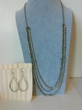 Silver Tone Metal Beaded Faceted Glass Multi Strand Chain Necklace & Earring Set
