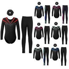 Kids Girls Gymnastic Bodysuits Shiny Rhinestones Dance Set With Pants Hairband