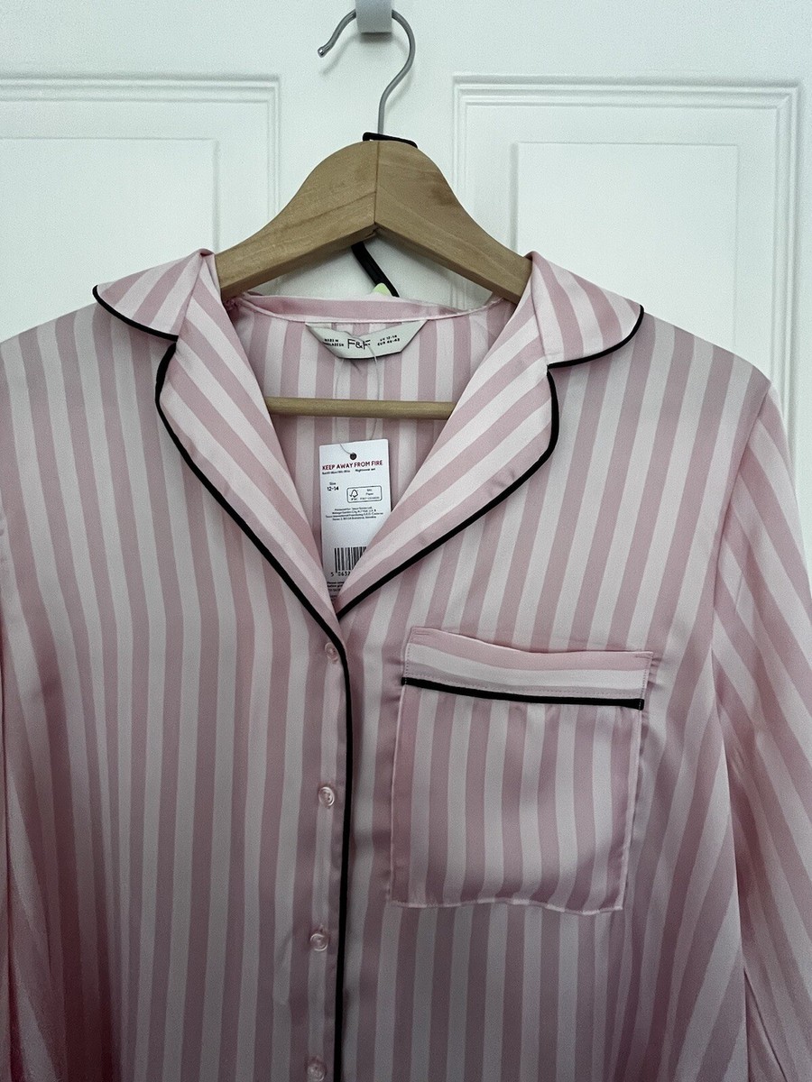 F&F Pink Candy Stripe Pyjama Set (Shirt Trousers) Size 12/14