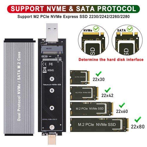 W306 SSD Externe Box USB3.1 Gen2 SSD Gehäuse 10 Gbit/s für M2 NVMe PCIe/M.2 SATA - Afbeelding 6 van 12
