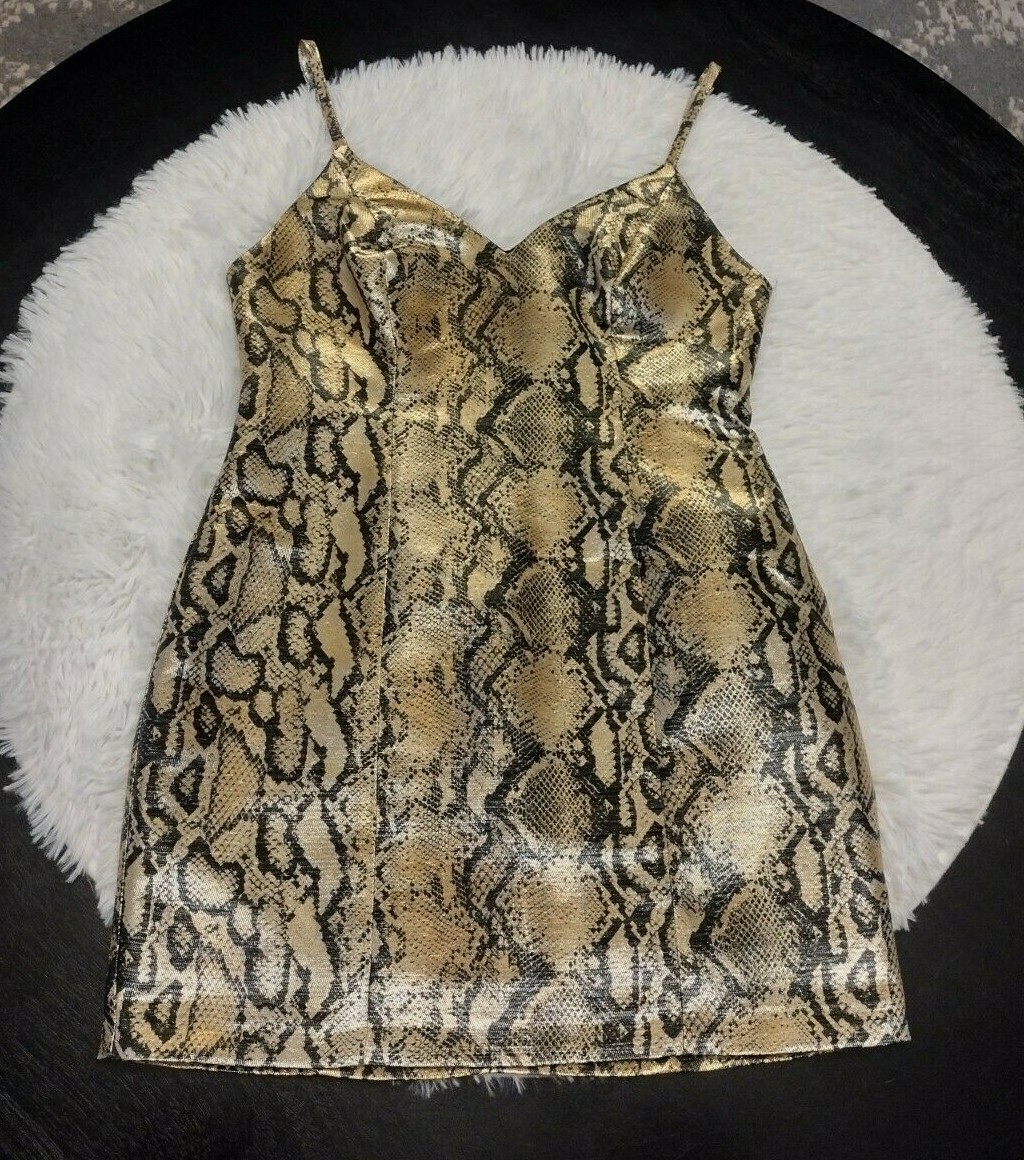 Topshop Metallic Gold Snakeskin Print Spaghetti Strap Cami Mini Dress US 6P  NEW