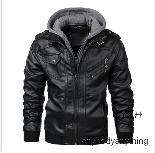 Men’s Casual Stand Collar PU Faux Leather Zip-Up Motorcycle Jacket Hooded
