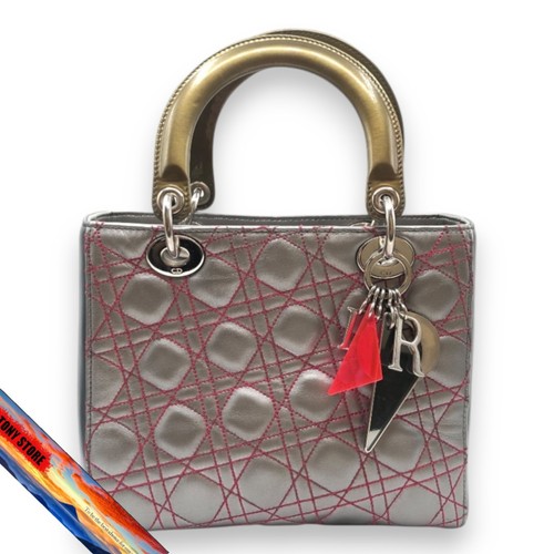 Christian Dior Lady Dior Medium Lamb Patent Handbag Gray Khaki SV Hardware
