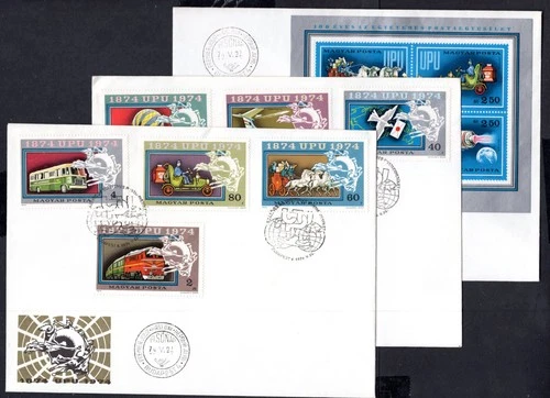 Hungary - 1974 UPU Centenary Set + MS on 3 x First Day Cover