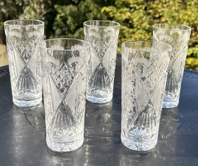 5 Vtg Czech Bohemian Cut Crystal 8  Oz Collins Cocktail Glasses  - Sparkly !