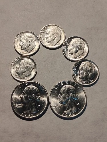 Washington Quarter & Roosevelt Dime Lot Of 7 Coins XF+🔥$1 Face 90% Silver🔥 #62