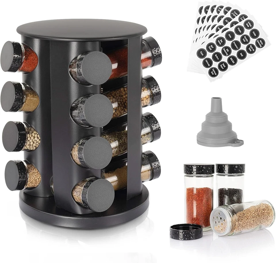 Compact Countertop Spice Rack with 16 Glass Jars & 135 Labels for Easy Access - Image 3 of 4
