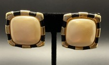Vintage Carolee Square Faux Pearl Clip-On Earrings Black Enamel Gold Tone