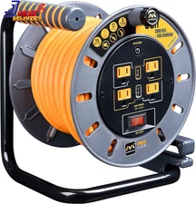 50Ft Cord Reel, Retractable Extension Lead with Winding Handle Safety Overload