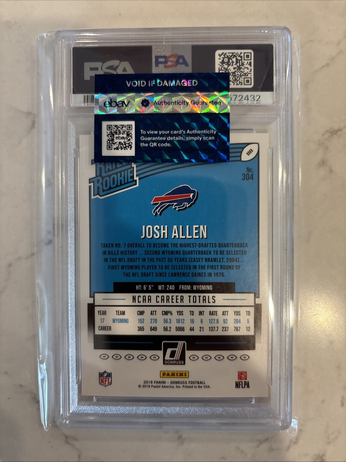Josh Allen Rookie 2018 Panini Donruss Rated Rookie #304 RC PSA 10 GEM MINT view 2