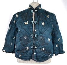 Blue Silk Mandarin Tang Jacket Butterfly Vtg Boudoir 50s S Jacquard Kimono Crop