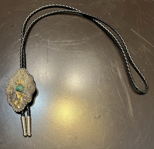 Vintage Buffalo Horse Silver Bolo Tie Etched Braided Signed Sterling Plate - Picture 2 of 5