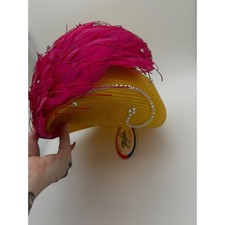 Mr John Classic Vintage Yellow Fuchsia Feather Rhinestone Pillbox Hat Derby