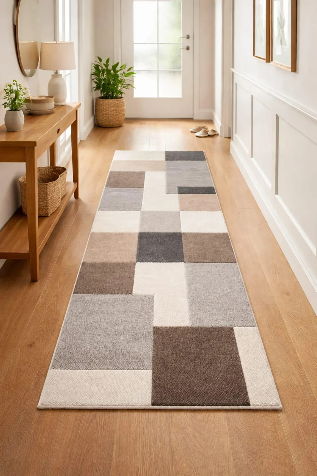 Modern Geometric Blue Hallway Runner Rug | Handmade Tufted Carpet | Teal & Grey