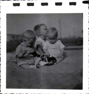 Vintage 1940s Black & White Photo of Three Babies Playing Outdoors