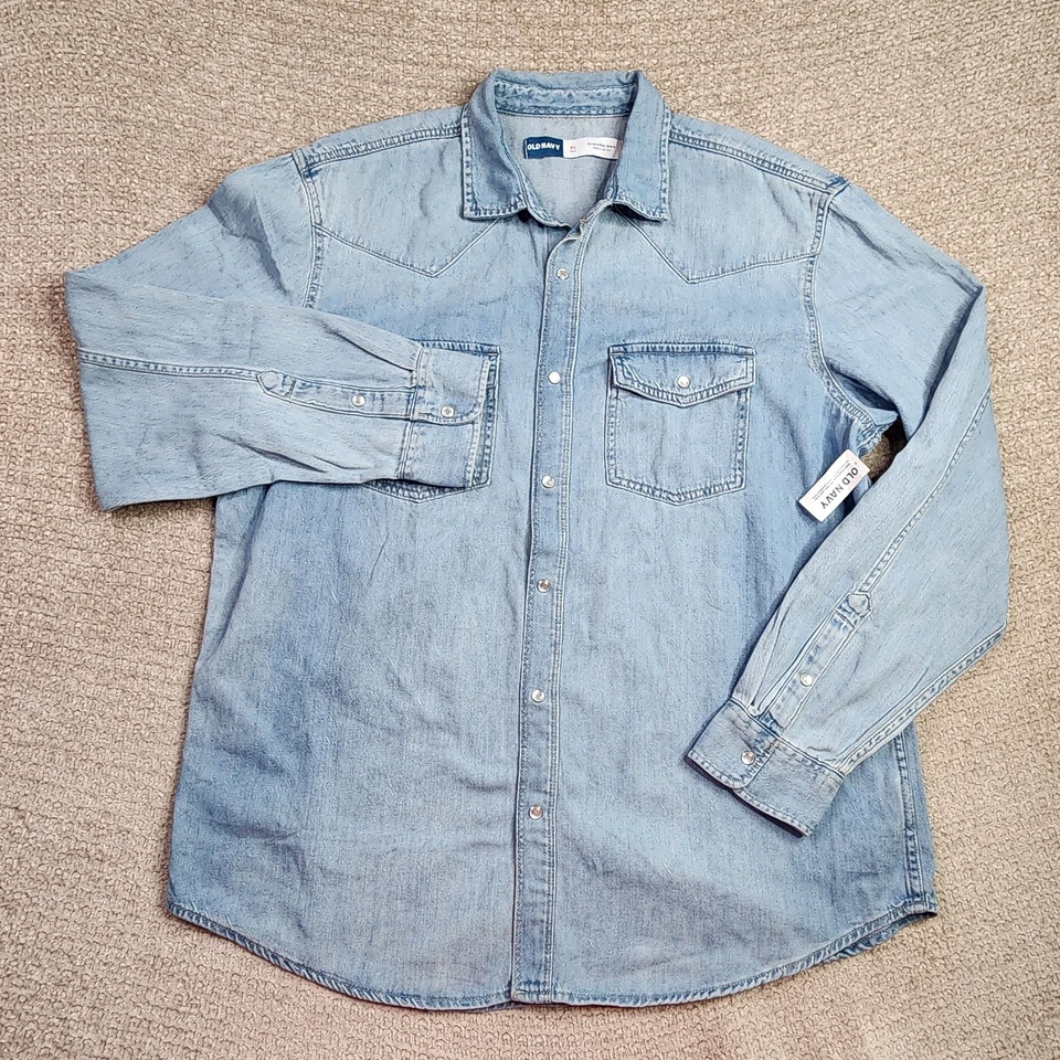 Camisa masculina ocidental denim azul marinho antiga XLT azul pérola luz de pressão lavada nova  - Imagem 2 de 4