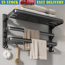 Wall-Mounted Towel Rack Space Aluminum Storage Holder W/ Folding Bars  Hooks US
