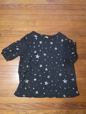 Bibi Black Waffle Knit Tee Shirt Silver Stars Sz L