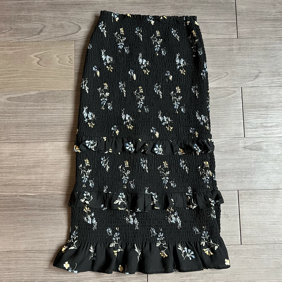 Abercrombie & Fitch Black Floral Smocked Midi Skirt Ruffle Pencil Skirt Size S - Image 3 of 4