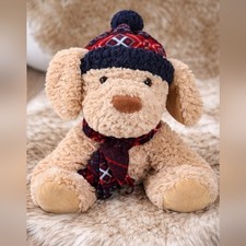 Plush GT Puppy Dog Stuffed Animal w/ Knit Hat Plaid Scarf Winter Holiday Toy