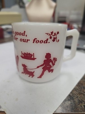 VINTAGE HAZEL ADAMS MILK GLASS WITH RED LETTERS ''GOD IS GREAT, GOD IS GOOD'' CUP