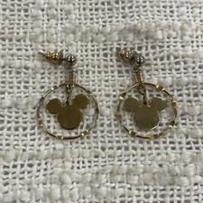 Disney Gold Toned Mickey Mouse Textured Hoop Dangle Drop Earrings