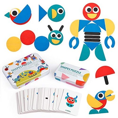  Wooden Pattern Blocks - Tangram Shape Puzzle Set Color Sorting Stacking Game 