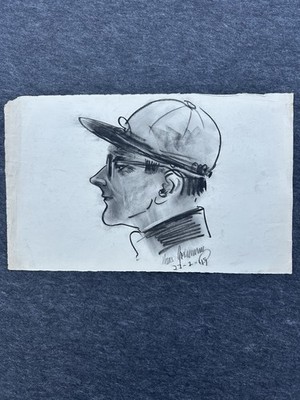 Trabrennen Frömming Hans Jockey  gezeichnet von Angres Erich, Berlin 1949