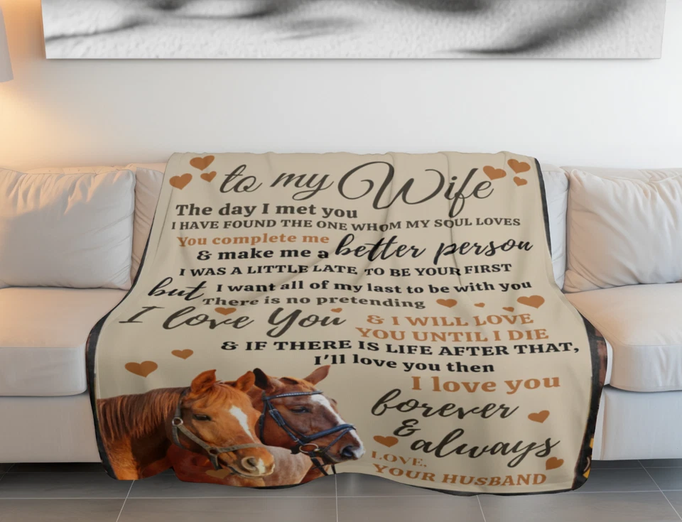 To My Wife Sherpa Blanket Gift From Husband Horse Couple In Love Throw Blankets - Image 3 of 4
