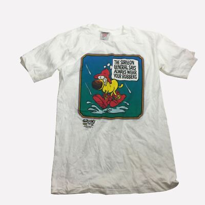 Vintage 1988 Grimmy Comic Strip ''Always Wear Your Rubbers'' Tee size large