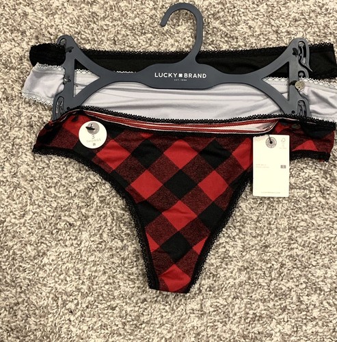 NEW LUCKY BRAND WOMEN 3 PACK PLAID THONG PANTIES SMALL SUPER SOFT LACE TRIM $36