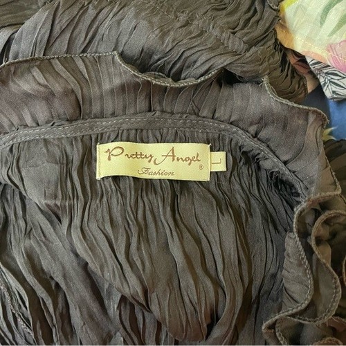 Vintage Pretty Angel Silk Blend Chocolate Crinkle Sheer Ruffle Sleeve Top Large - Picture 9 of 9