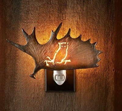 Wild Wings Owl Antler Night Light Bedroom Cabin Lake House Child