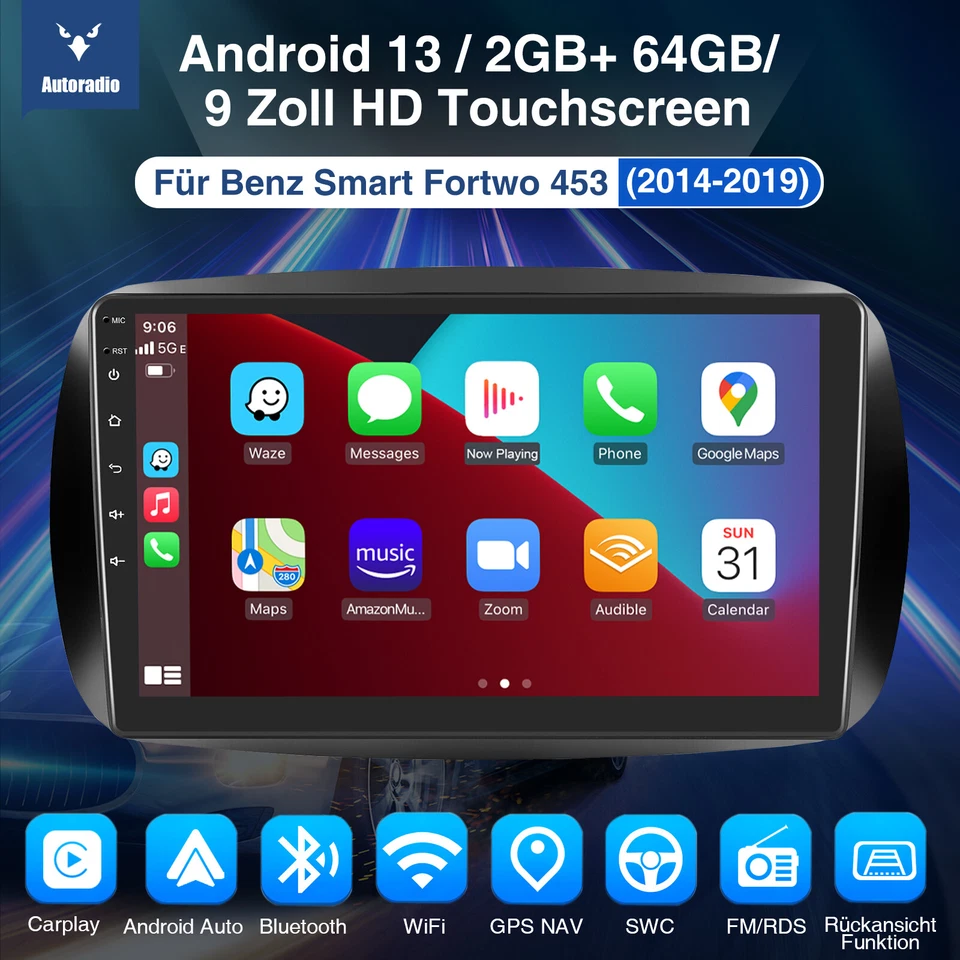 9" Android 13 Carplay DAB+ Autoradio GPS 64G Cam Für Benz Smart Fortwo 453 14-19 - Bild 2 von 4
