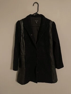 Eileen Fisher Wool Silk Leather Panel Stand Collar Coat Black - Women's Petite M