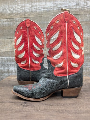 Justin Retro Distressed Black Red White Cowgirl Cowboy Boots Women's sz 7.5 B - Picture 7 of 14