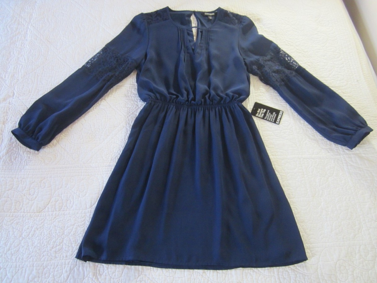 Express Womens Dress Size XS Navy Blue Lace Accents Elastic Waist Long  Sleeve