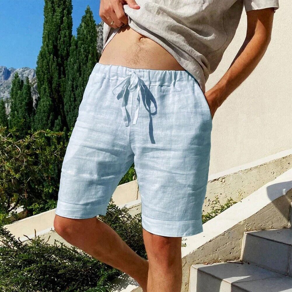 Casual and Cool Men's Elastic Waist Cotton Linen Shorts with Drawstring ...